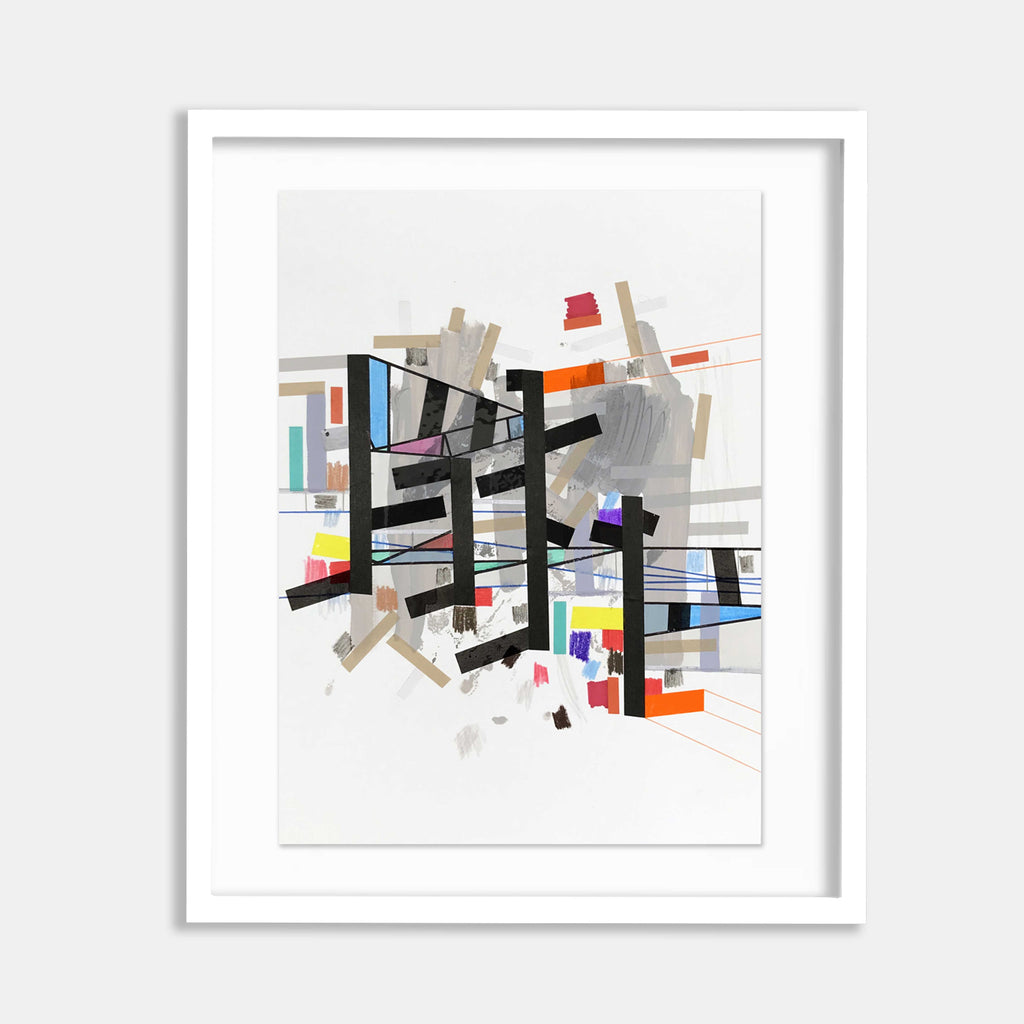 The artwork 'Griiddiro Mirror 3' by Philippe Halaburda features an abstract geometric composition with bold black intersecting lines creating a grid-like structure, accented by vibrant blocks of orange, purple, and blue. Mixed media on canvas combines acrylic and felt tip markers, showing dynamic angular forms against a white background with subtle grey elements.