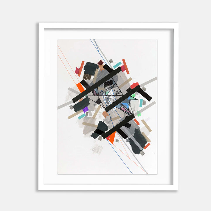The artwork 'Griiddiro Mirror 7' by Philippe Halaburda features dynamic abstract geometric shapes in black, orange, and gray, intersecting at various angles. Bold lines and fragments create a sense of movement across the white canvas. The composition combines angular forms with subtle color accents in blue, green, and purple, executed in acrylic and felt-tip markers.