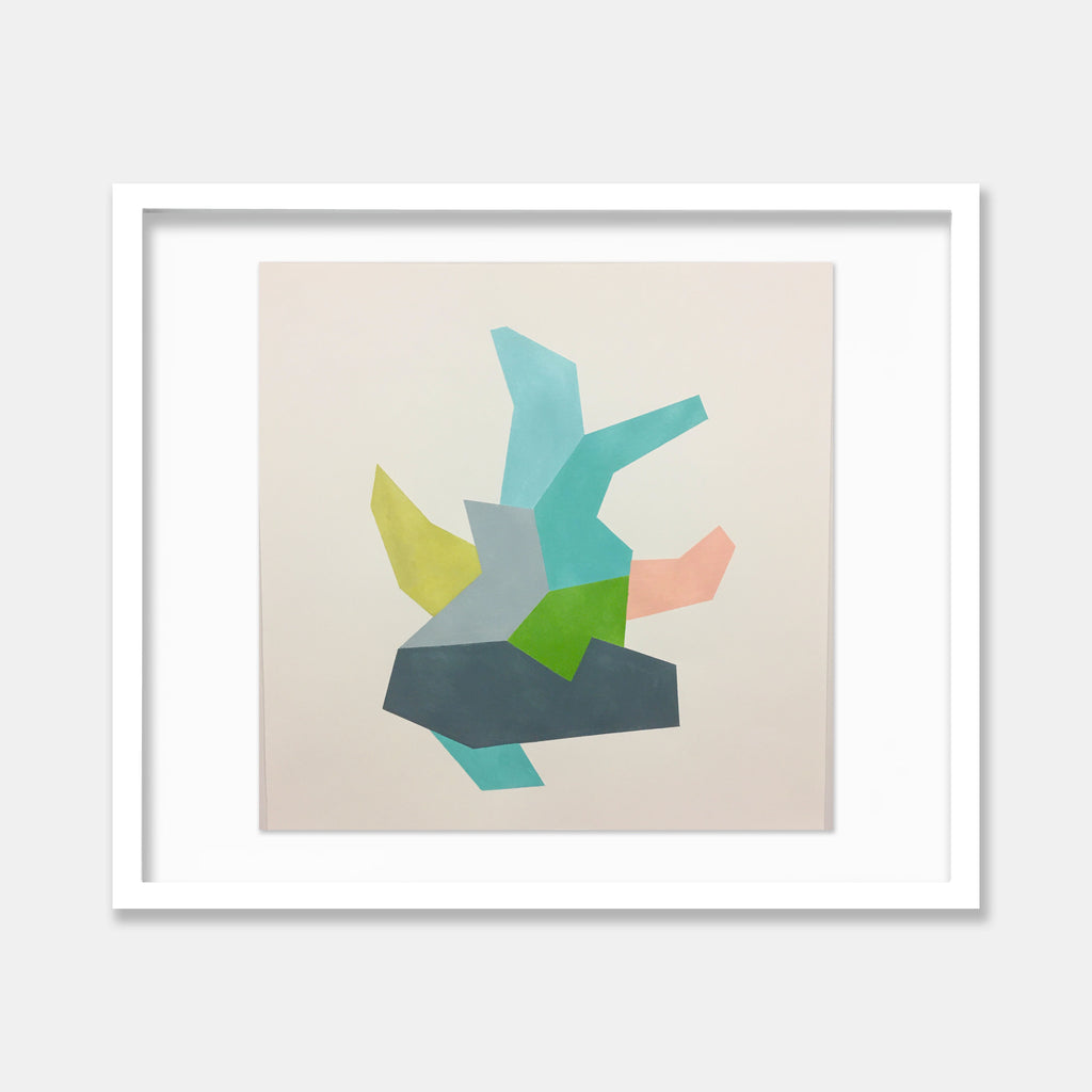 The artwork 'Growing in Silence' features abstract geometric shapes in soft pastel colors including turquoise, mint green, coral pink, and chartreuse, arranged in an angular composition against a cream background. The forms appear to float and interconnect, creating a dynamic yet harmonious modern minimalist design. Framed in white, measuring 17.75 x 18 inches. By Kati Vilim.