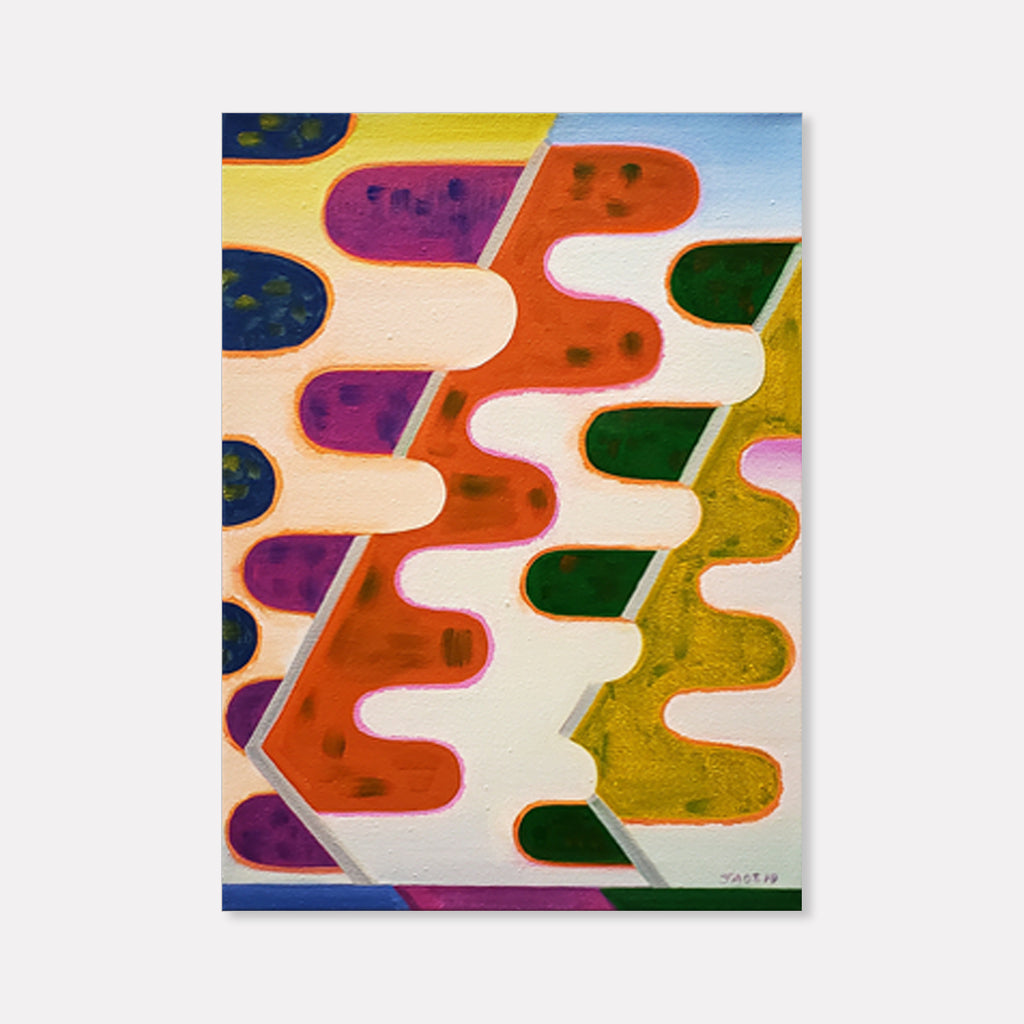 The artwork 'Guidepost' by Jade Chan features abstract wavy patterns in vibrant colors including orange, purple, forest green, and yellow against a cream background. The oil painting showcases organic, interlocking shapes reminiscent of puzzle pieces, creating a dynamic composition with flowing curves and bold color blocks on canvas, measuring 22 by 16 inches. By Jade Chan.