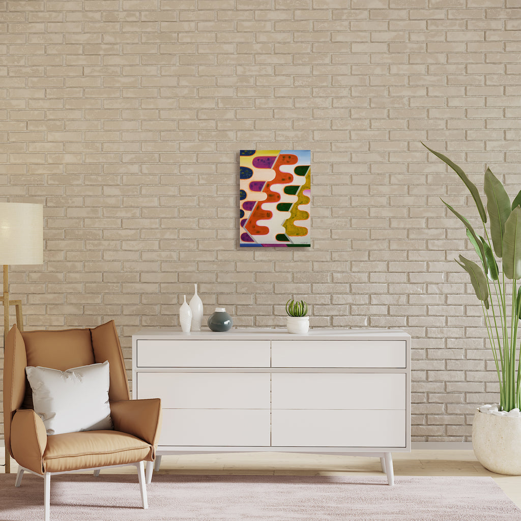 The artwork 'Guidepost' by Jade Chan features vibrant abstract shapes in warm hues of red, orange, yellow, and purple arranged in an overlapping wave-like pattern. This oil on canvas piece showcases fluid brushstrokes creating a dynamic, rhythmic composition against a light background, measuring 22 inches in height and 16 inches in width. - By Jade Chan
