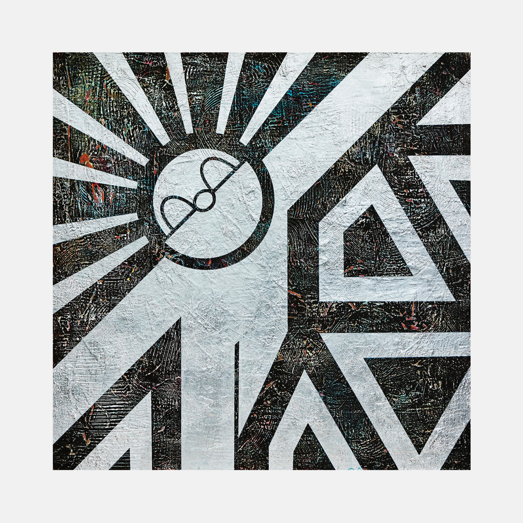 The artwork 'HOPE SPRINGS ETERNAL series' by Yusuke Ochiai features a striking geometric composition with radiating white rays against a dark textured background. A central circular motif contains a minimalist infinity symbol in silver leaf. Angular shapes create a dynamic pattern, combining modern abstract design with metallic accents on wood panel. The piece measures 34x34 inches and employs acrylic paint with silver leaf.