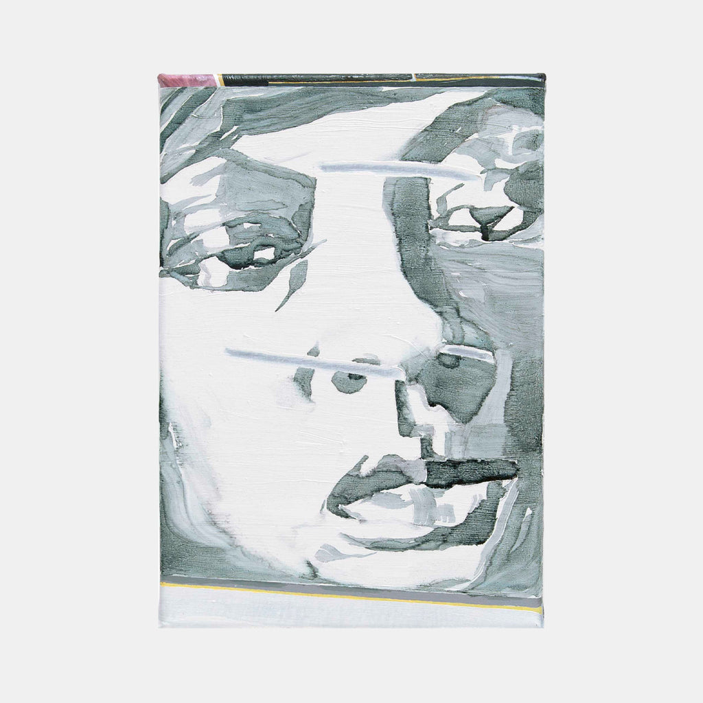 The artwork 'HTGAWM' by Christian Perdix features an abstract monochromatic oil painting rendered in shades of gray and white on cotton canvas. Bold brushstrokes create a dynamic composition with fluid forms and varying tonal values. The textural painting demonstrates an expressive, contemporary style with dramatic contrasts between light and shadow.