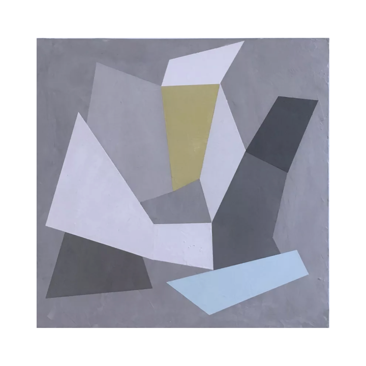 The artwork 'Habitat Fragmentation 1' by Kati Vilim features abstract geometric shapes in white, olive, and charcoal gray arranged against a neutral gray background. Angular fragments create a dynamic composition, with a light blue accent piece at the bottom. Created with acrylic and plaster on panel, the piece showcases clean lines and purposeful color blocking. - Kati Vilim
