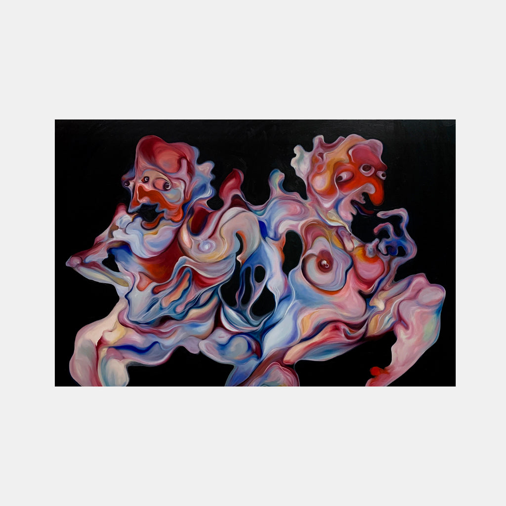 The artwork 'Happy Couple' features abstract fluid forms in vibrant coral pink, soft blue, and peach tones against a deep black background. The oil painting showcases swirling, organic shapes that meld together in a dreamlike dance, creating an ethereal effect with smooth color transitions and flowing lines. By Yana Ushakova.