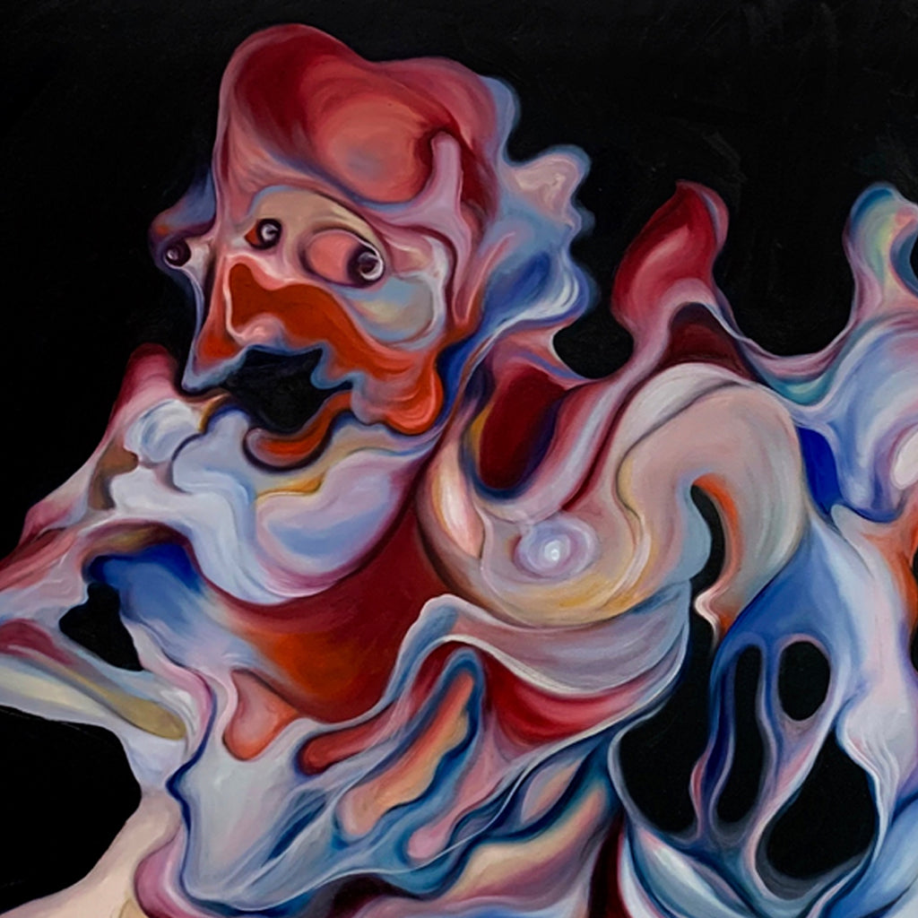 The artwork 'Happy Couple' features fluid abstract swirls in vibrant red, blue, and white tones, creating a dynamic dance of colors against a black background. The oil painting showcases organic flowing forms reminiscent of smoke or liquid in motion, with masterful color transitions and dramatic contrasts. By Yana Ushakova.