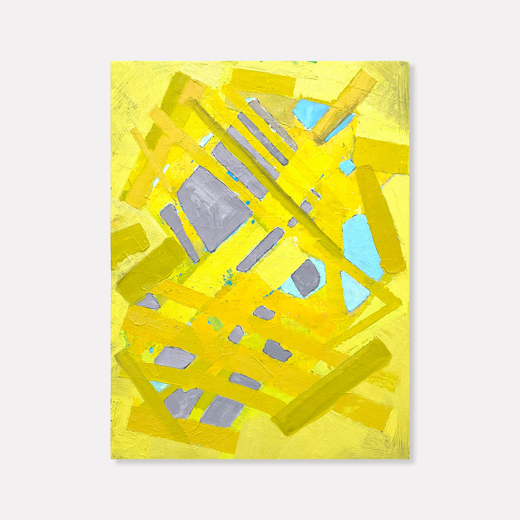 The artwork 'Heads Up' by Julie Shapiro features an abstract geometric composition with vibrant yellow background intersected by angular gray shapes and touches of turquoise blue. The oil painting on panel showcases bold brushstrokes and dynamic spatial relationships, creating a modern, energetic composition with strong directional movement.