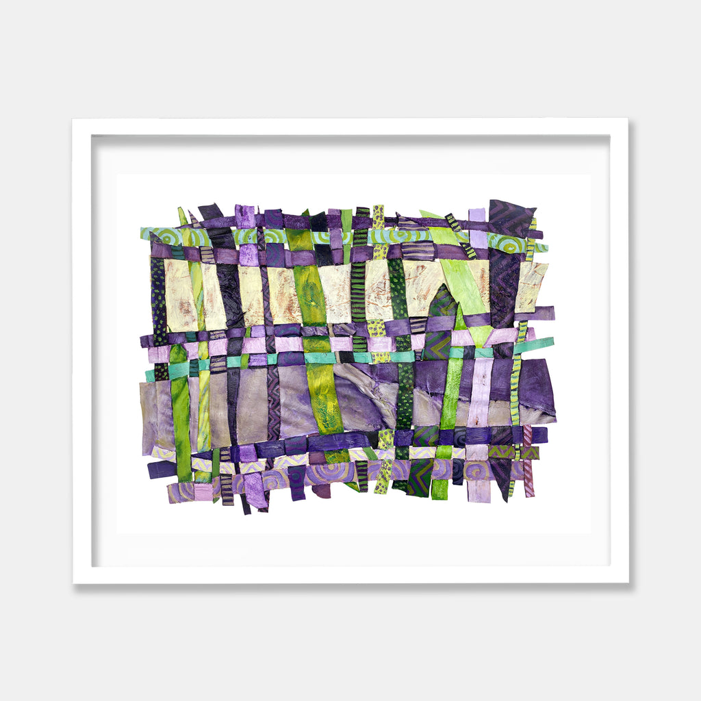 The artwork 'Healthy Streaming' by Christina Massey features an intricate woven pattern of purple, lime green, and lavender strips creating a geometric abstract composition. Paper and canvas pieces interweave in a grid-like structure, with textural elements and watercolor effects. White-framed contemporary mixed media artwork showcasing vibrant contrasts and dynamic layering techniques - Christina Massey