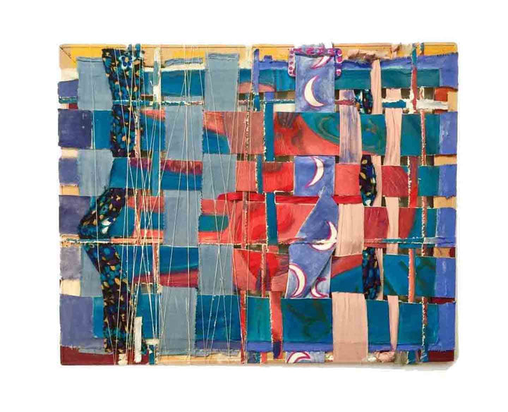 The artwork 'Hear Heart' by Cecilia Andre features an abstract geometric composition with interwoven vertical and horizontal strips in blue, red, and turquoise. Crescent moon motifs appear against purple sections, while delicate linear elements and textural details create a woven, quilt-like pattern. The mixed media piece measures 24x30 inches and combines bold color blocks with subtle artistic techniques.