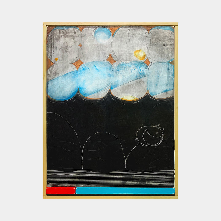Hell-bow Statipult by Evan Peltzman: Abstract mixed media artwork featuring cloud-like formations in blue and gray, contrasting against a dark background with curved line elements. Hand-drawn arching lines emerge from a horizontal base, crowned with a circular form. Gold frame accents complemented by red and blue color blocks at bottom.
