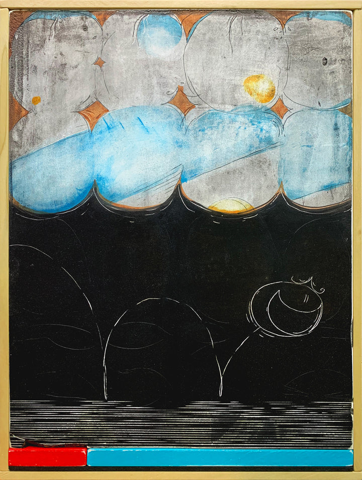 The artwork 'Hell-bow Statipult' by Evan Peltzman features abstract geometric shapes with ethereal blue clouds against a grey sky, accented by orange diamond stars. The lower half shows black silhouettes with delicate line work, balanced by a striking red and blue base strip. Created with ink and plaster on wood panel by Evan Peltzman.