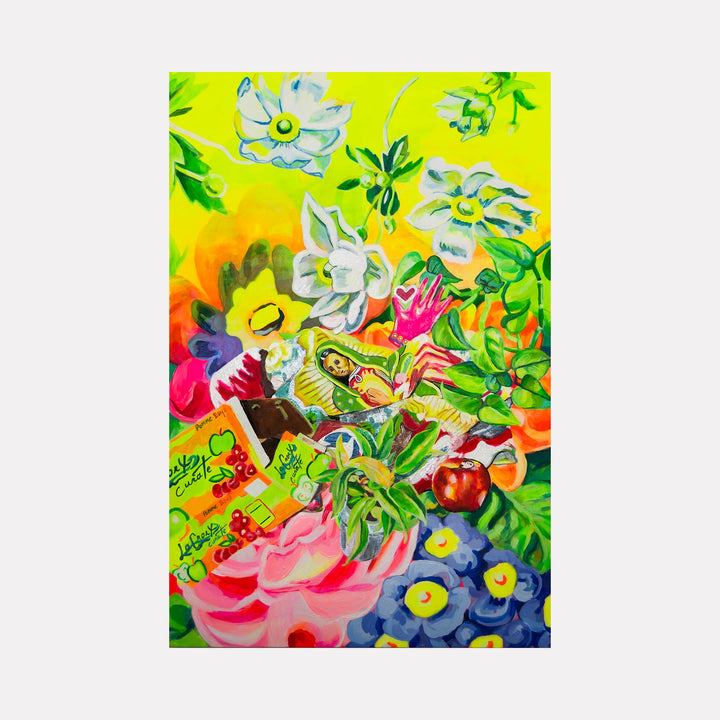 The artwork 'Her Earthly Delights' by Mary Younkin features a vibrant acrylic painting on wood panel depicting a whimsical garden scene with white magnolias, bright blue flowers, and lush green foliage against a luminous yellow background. Pink and orange hues create depth while delicate botanical details showcase an expressive, contemporary style. By Mary Younkin.