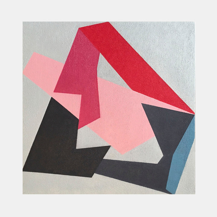 The artwork 'Here I Am' by Kati Vilim features bold geometric shapes in a modern abstract composition. A striking red angular form dominates the upper portion, intersecting with soft pink shapes and stark black geometric elements against a light gray background. A subtle blue accent completes this minimalist oil painting on canvas panel, creating dynamic spatial relationships.