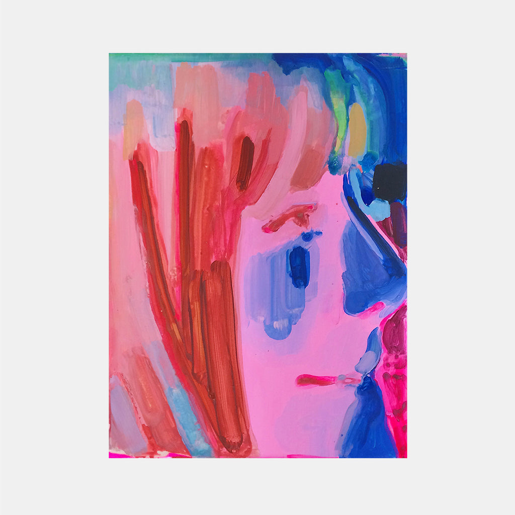 The artwork 'Hi8 Portrait' by Michelle Selwa features bold abstract brushstrokes in vibrant pink, red, and electric blue tones. Dynamic acrylic paint application creates a contemporary interpretation of a profile view, with expressive gestural marks against a hardboard panel. The 12x9 inch composition balances warm and cool colors in an energetic, modern style. By Michelle Selwa.