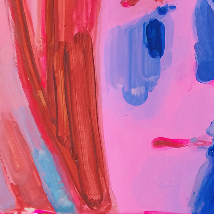 The artwork 'Hi8 Portrait' by Michelle Selwa features bold, expressive brushstrokes in vibrant red and blue hues against a soft pink background. The abstract acrylic painting on hardboard panel showcases dynamic vertical sweeps in crimson interplaying with electric blue accents, creating a striking contemporary composition. The 12x9 inch piece demonstrates fluid movement and energetic color contrast.