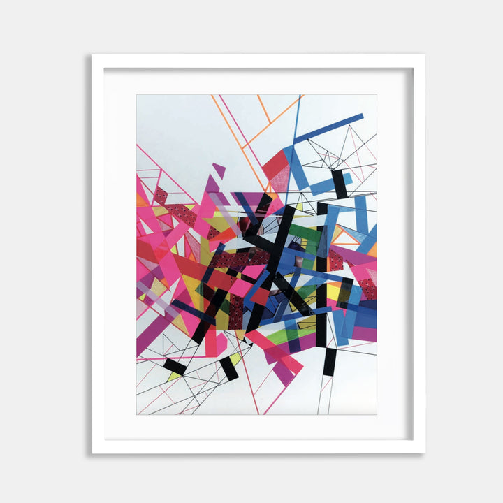 The artwork 'Hidden Heerro 1' by Philippe Halaburda features dynamic abstract geometric shapes in vibrant pink, blue, and black intersecting across a white background. The mixed media collage combines sharp angular lines, colorful tape elements, and felt tip markings creating an energetic composition with a modern, urban aesthetic.