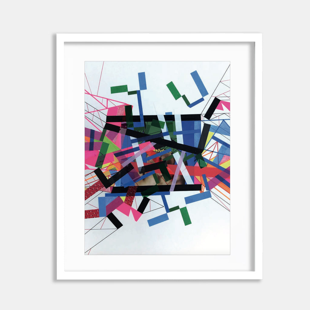 The artwork 'Hidden Heerro 2' by Philippe Halaburda features vibrant geometric abstraction with intersecting angular shapes in blue, green, pink, and black. Bold color tape strips create dynamic movement across white paper, while felt-tip markers add depth and texture through layered collage elements forming an energetic contemporary composition.