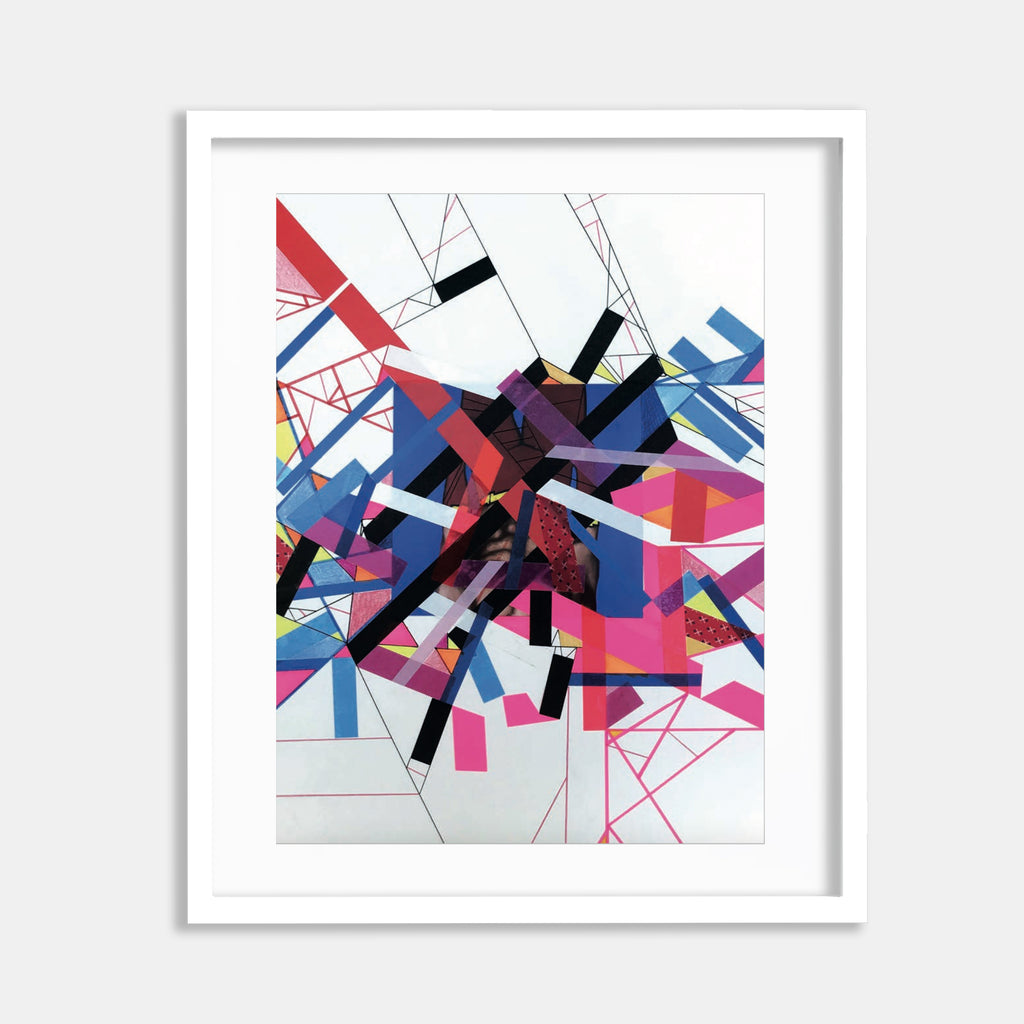 The artwork 'Hidden Heerro 3' by Philippe Halaburda features an abstract geometric composition with dynamic intersecting lines and angular shapes in vibrant red, blue, pink, and black. The collage technique combines colored tape and felt tip markers, creating sharp contrasts and bold geometric patterns on white paper, showcasing a modern, deconstructed aesthetic style.