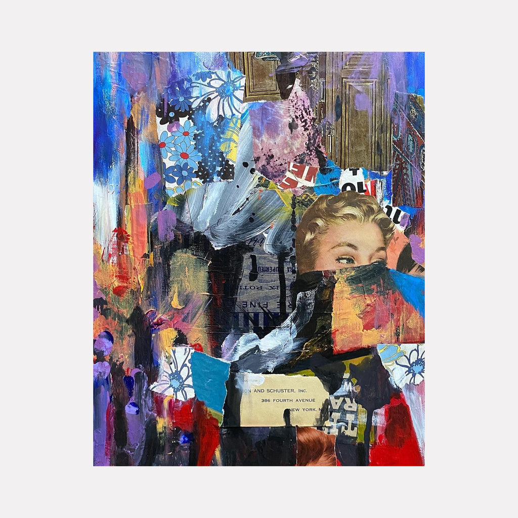 The artwork 'Holiday Special' by Kevin McGoff features a vibrant mixed media collage with abstract elements in electric blue, deep red, and golden hues. A central figure appears among torn paper fragments, vintage text, and delicate white daisy motifs. Dynamic brushstrokes and layered textures create depth against a multi-colored background on cradled wood panel.