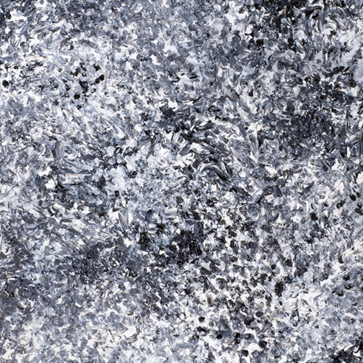 The artwork 'Hollywood Hills' by Camilla Webster features a dynamic abstract composition with swirling patterns in monochromatic shades of black, white, and gray. The acrylic on canvas piece showcases a textured, expressive brushwork creating a misty, atmospheric effect reminiscent of stormy skies or turbulent waters, spanning 48 x 72 inches.
