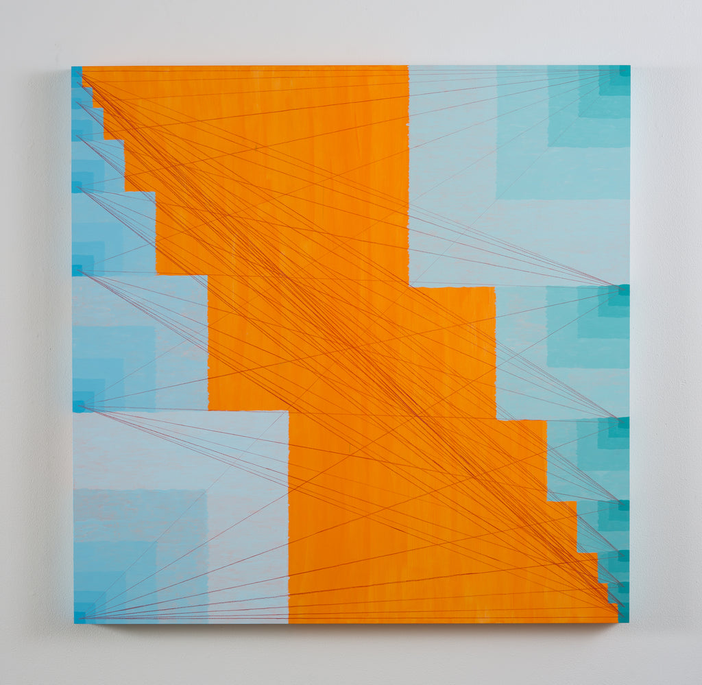 The artwork 'Homage to Being Square' features a bold diagonal orange zigzag pattern intersecting with soft turquoise geometric shapes. Fine black lines create an intricate crosshatch pattern across the canvas, adding depth and movement. The minimalist geometric composition contrasts warm and cool tones in a 40x40 inch acrylic painting by Amber Heaton.
