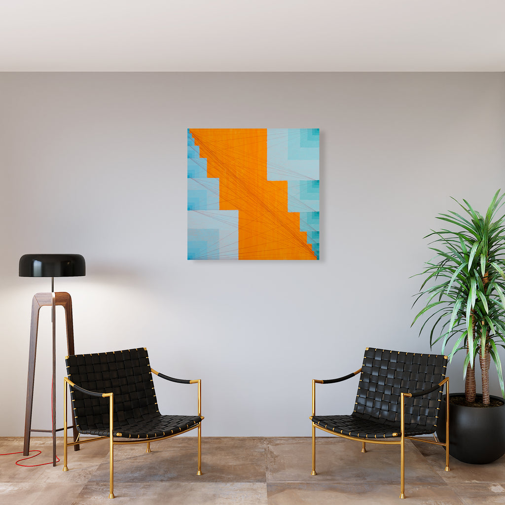 The artwork 'Homage to Being Square' by Amber Heaton features a bold geometric composition with vibrant orange diagonal line intersecting cool blue stepped squares. The 40x40 inch acrylic painting on panel creates a striking contrast between warm and cool tones, with precise angular forms creating a modern, minimalist aesthetic.