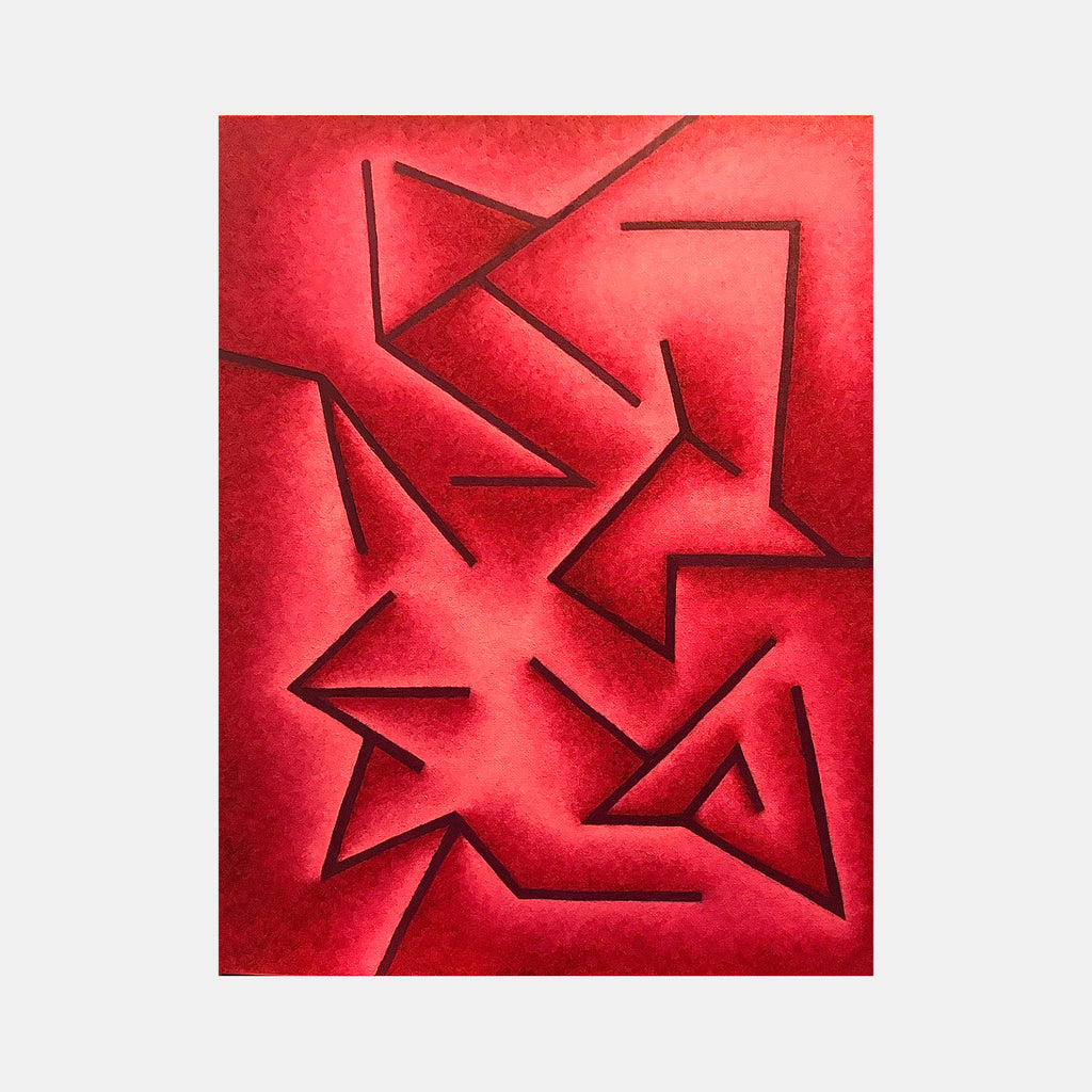 The artwork 'Home Destination' by Joe Piscopia features striking geometric shapes rendered in deep crimson red oil paint on canvas. Abstract angular lines create a dynamic composition of fractured triangular forms, casting subtle shadows against a vibrant red background with graduated tonal variations. The minimalist design showcases sharp edges and dimensional depth through strategic shadowing.