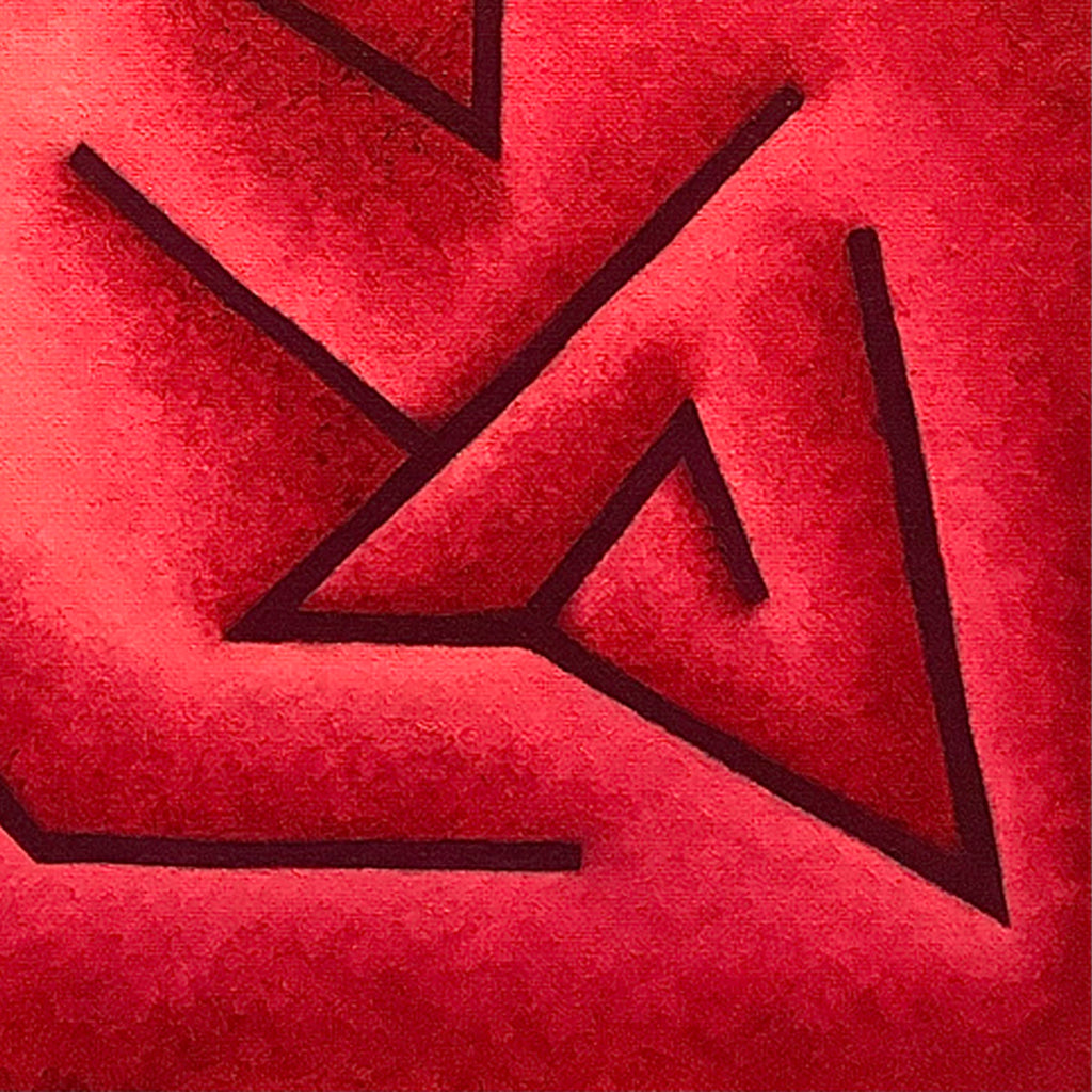 The artwork 'Home Destination' by Joe Piscopia features bold geometric black lines forming angular arrow-like shapes against a vibrant crimson red background. The oil painting showcases sharp contrasts and deep shadows, creating a dynamic abstract composition on canvas with rich textural elements and modern minimalist design.