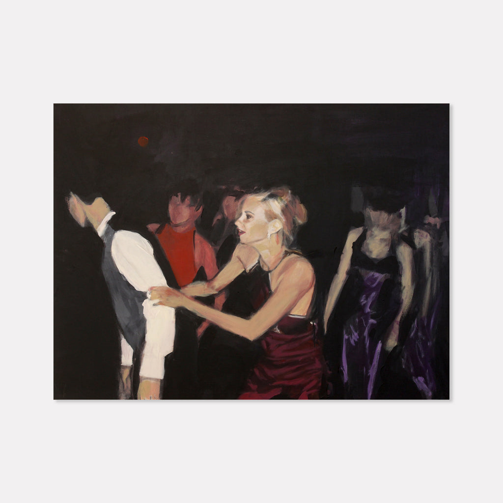 The artwork 'Homecoming 1997' by Chris Baily depicts figures dancing at a social gathering, rendered in expressive brushstrokes on dark background. A central figure in a burgundy dress moves dynamically among others in white, red, and purple attire. The acrylic painting captures the energy and movement of a dance scene through loose, gestural painting technique.