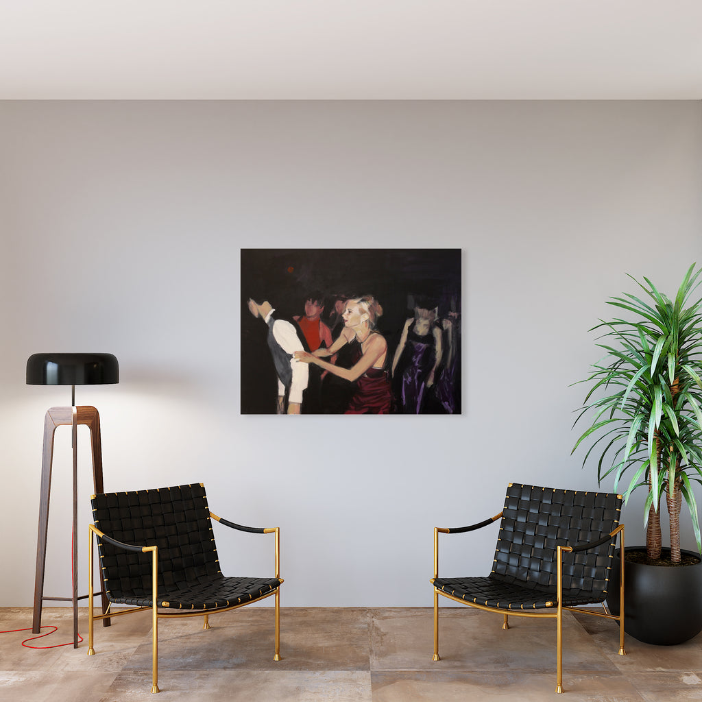 The artwork 'Homecoming 1997' by Chris Baily captures dancers in motion against a dark background. The composition features figures in contrasting attire, with rich burgundy and dark tones creating dramatic visual tension. The acrylic on canvas painting showcases dynamic movement and social interaction, rendered in a photographic style. The 36x48 inch canvas presents contemporary dance culture through bold color contrasts and fluid forms.