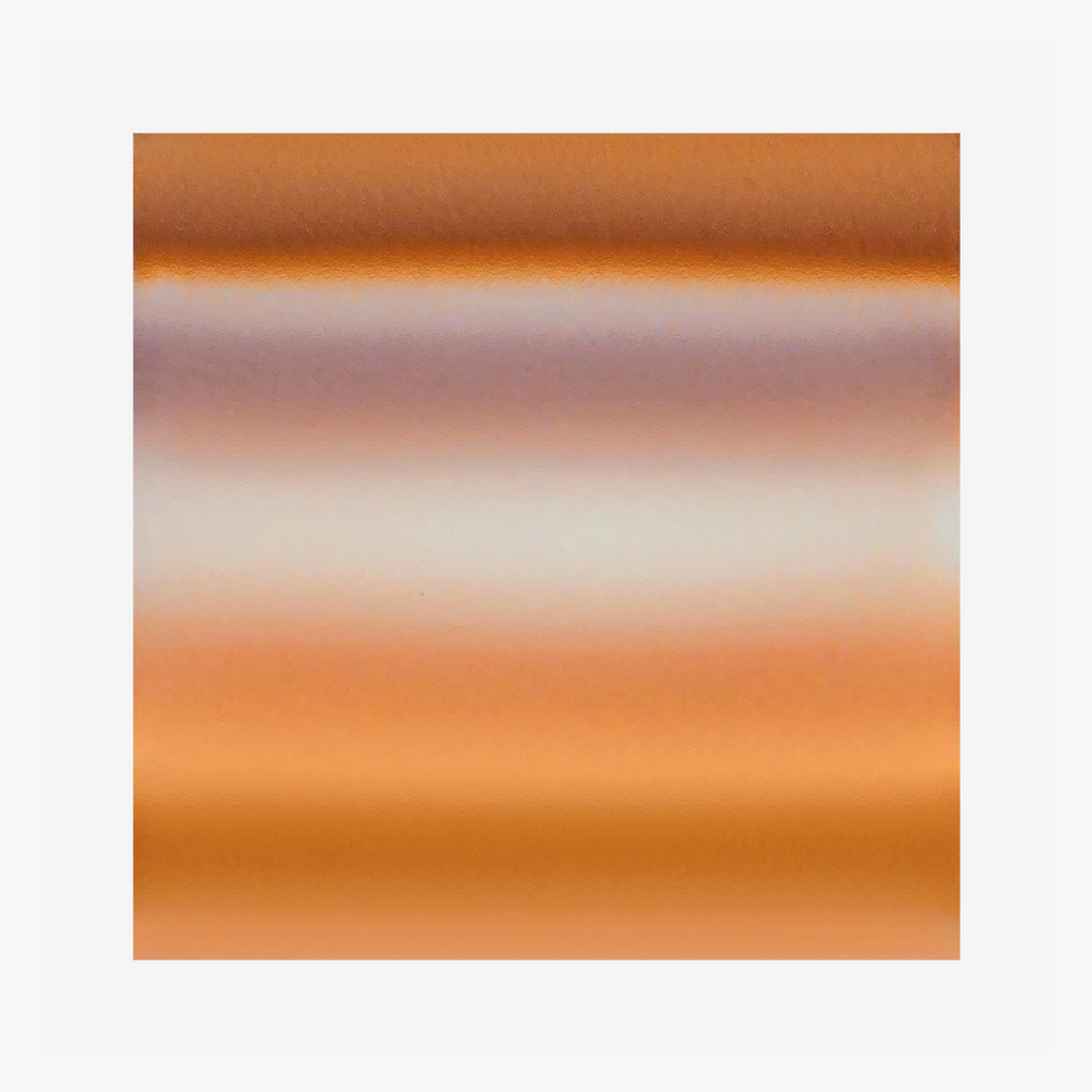 The artwork 'Horizon No. 3' by Daniel Kersh features ethereal horizontal bands of color transitioning from deep copper to soft mauve and back to warm orange tones, creating a minimalist gradient effect reminiscent of a desert sunset. Printed on metallic Kodak paper, the piece achieves a luminous quality that enhances its atmospheric depth.