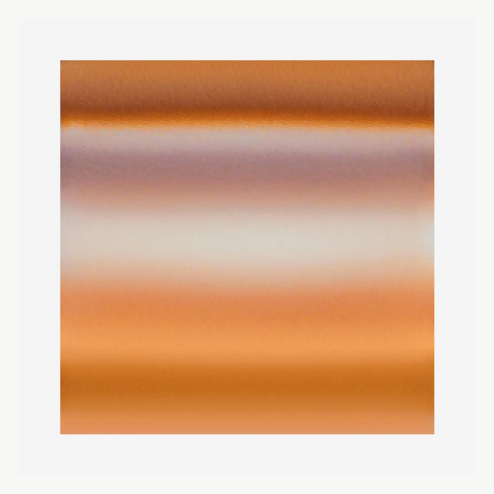 The artwork 'Horizon No. 3' by Daniel Kersh features ethereal horizontal bands of color transitioning from deep copper to soft mauve and back to warm orange tones, creating a minimalist gradient effect reminiscent of a desert sunset. Printed on metallic Kodak paper, the piece achieves a luminous quality that enhances its atmospheric depth.
