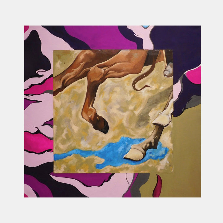 The artwork 'Horses' by Ellannah Sadkin features a dynamic composition showing equine legs in motion against a vibrant background. The central image depicts brown horse hooves and legs rendered in fluid brushstrokes over a golden-yellow and blue ground, surrounded by an abstract border in bold purple, pink, and black swirling patterns. Acrylic on canvas, 20x20 inches.