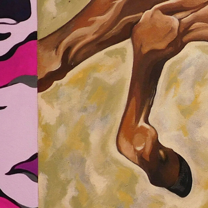 The artwork 'Horses' by Ellannah Sadkin features a dynamic composition showing a partial view of a horse's muscular brown leg against a textured light yellow background. The image showcases bold brushstrokes in acrylic on canvas, with a striking pink and black decorative element visible on the left edge. 20x20 inches by Ellannah Sadkin.