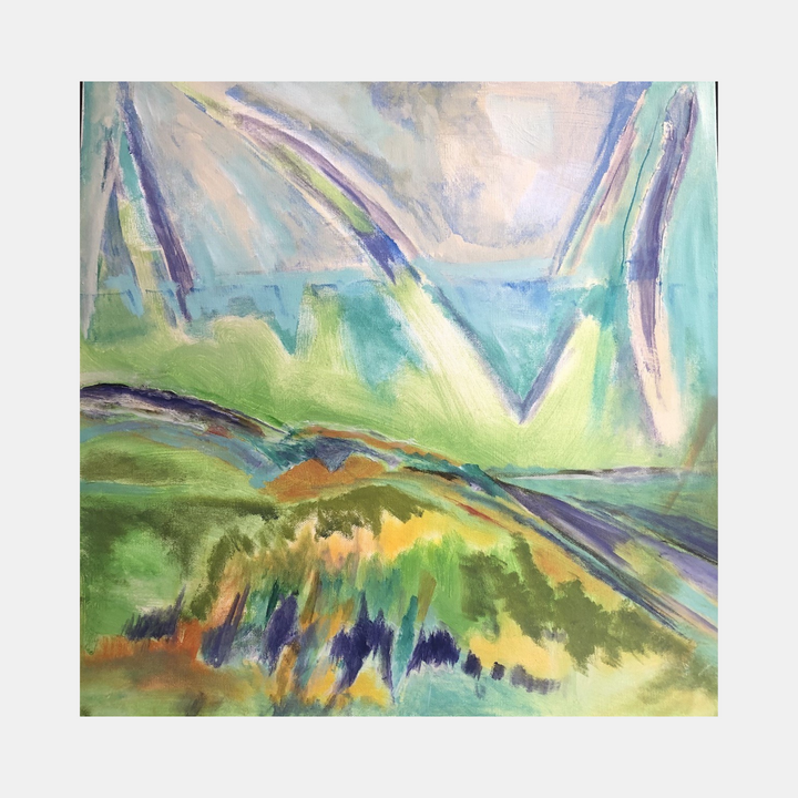 The artwork 'Hot Beach' features an abstract landscape rendered in vibrant watercolor-like acrylics, depicting rolling hills and water in dynamic strokes of turquoise, yellow, and purple. Sweeping diagonal lines create movement across the canvas, while soft green and orange hues blend harmoniously in an expressionist style. 24x24 acrylic painting by Beth Barry.