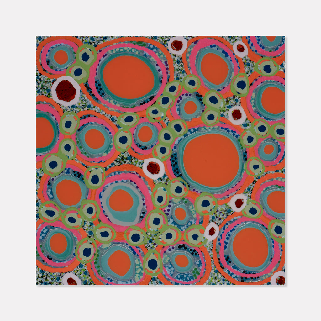 The artwork 'Hot Spot' by Lori Kirkbride features vibrant concentric circles in coral orange, turquoise, and pink against a sage green background. The playful pattern combines dotted borders and organic ring shapes of varying sizes, creating a dynamic abstract composition. Acrylic polymer and resin on panel create a striking depth and textural quality.