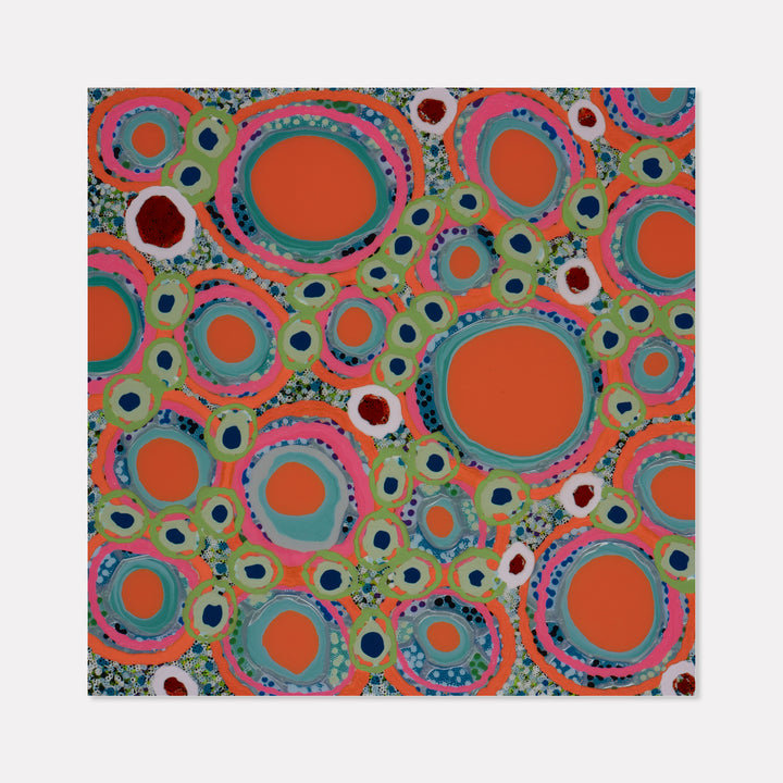 The artwork 'Hot Spot' by Lori Kirkbride features vibrant concentric circles in coral orange, turquoise, and pink against a sage green background. The playful pattern combines dotted borders and organic ring shapes of varying sizes, creating a dynamic abstract composition. Acrylic polymer and resin on panel create a striking depth and textural quality.