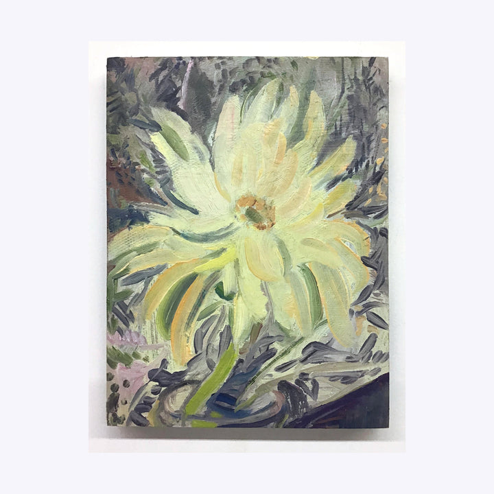 The artwork 'Hot House Daisy' by Molly Herman features a luminous yellow daisy rendered in expressive brushstrokes on birch. The flower blooms against a moody background of deep grays and purples, with delicate petals captured in soft lime and butter yellow tones. Oil painting technique emphasizes the flower's organic movement and textural details, measuring 12x9 inches.