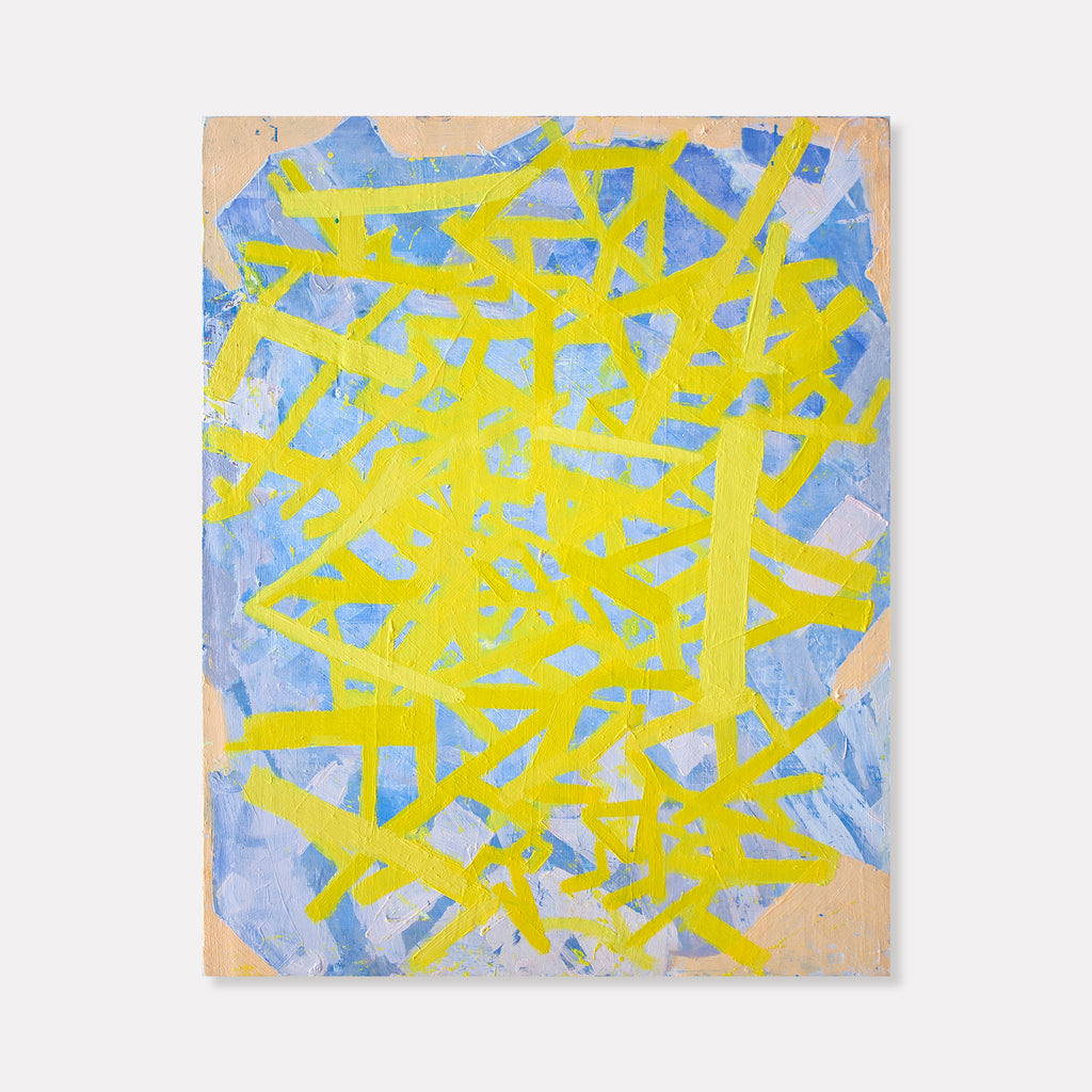 The artwork 'Hub' by Julie Shapiro features dynamic intersecting yellow lines creating an energetic maze-like pattern against a soft blue background. The abstract composition showcases bold brushstrokes in vibrant yellow that criss-cross the canvas, contrasting with patches of powder blue and subtle peach tones. Oil on canvas, 20x16 inches. By Julie Shapiro.