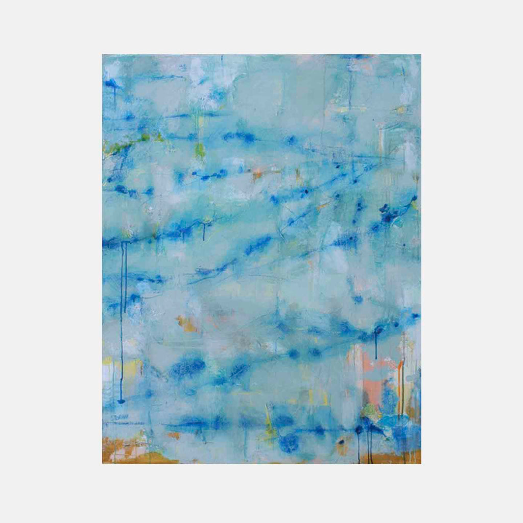 The artwork 'Hudson Wall' by Shira Toren features ethereal layers of aqua and turquoise hues blending seamlessly on canvas. Delicate drips and gestural brushstrokes create a dreamy, atmospheric effect, with subtle touches of coral and gold at the edges. Venetian plaster and graphite add textural depth to this abstract composition.