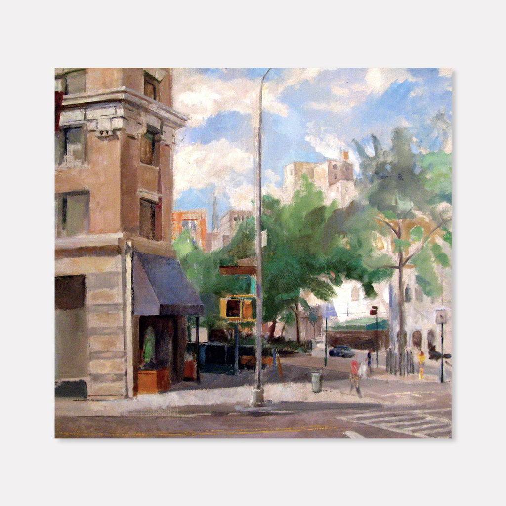 The artwork 'Hudson and Chambers Street' by Peter Colquhoun captures a vibrant New York City intersection in oil on linen. The scene features a brownstone building corner with tan stonework, blue awnings, and street signs against a summer sky with fluffy clouds. Lush green trees line the urban streetscape, while distant buildings peek through the foliage. By Peter Colquhoun.