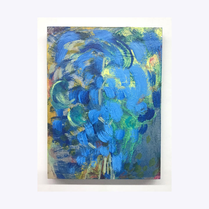 The artwork 'Hyacinth' by Molly Herman features dynamic brushstrokes in vibrant cobalt blue and seafoam green, creating an abstract floral impression. Expressive oil painting technique on birch with swirling movements and layered textures suggests flowering blooms against a golden background, measuring 9x12 inches. Original artwork by Molly Herman.
