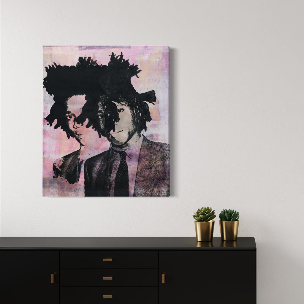 The artwork 'Street Art Is The Way' features a striking silhouette portrait against a soft pink and lavender background, executed in mixed media combining silkscreen printing, spray paint, and acrylic on canvas. The composition shows bold black forms with textural details and urban art aesthetics, rendered in a neo-expressionist style characteristic of street art. By Rudy Meyer.
