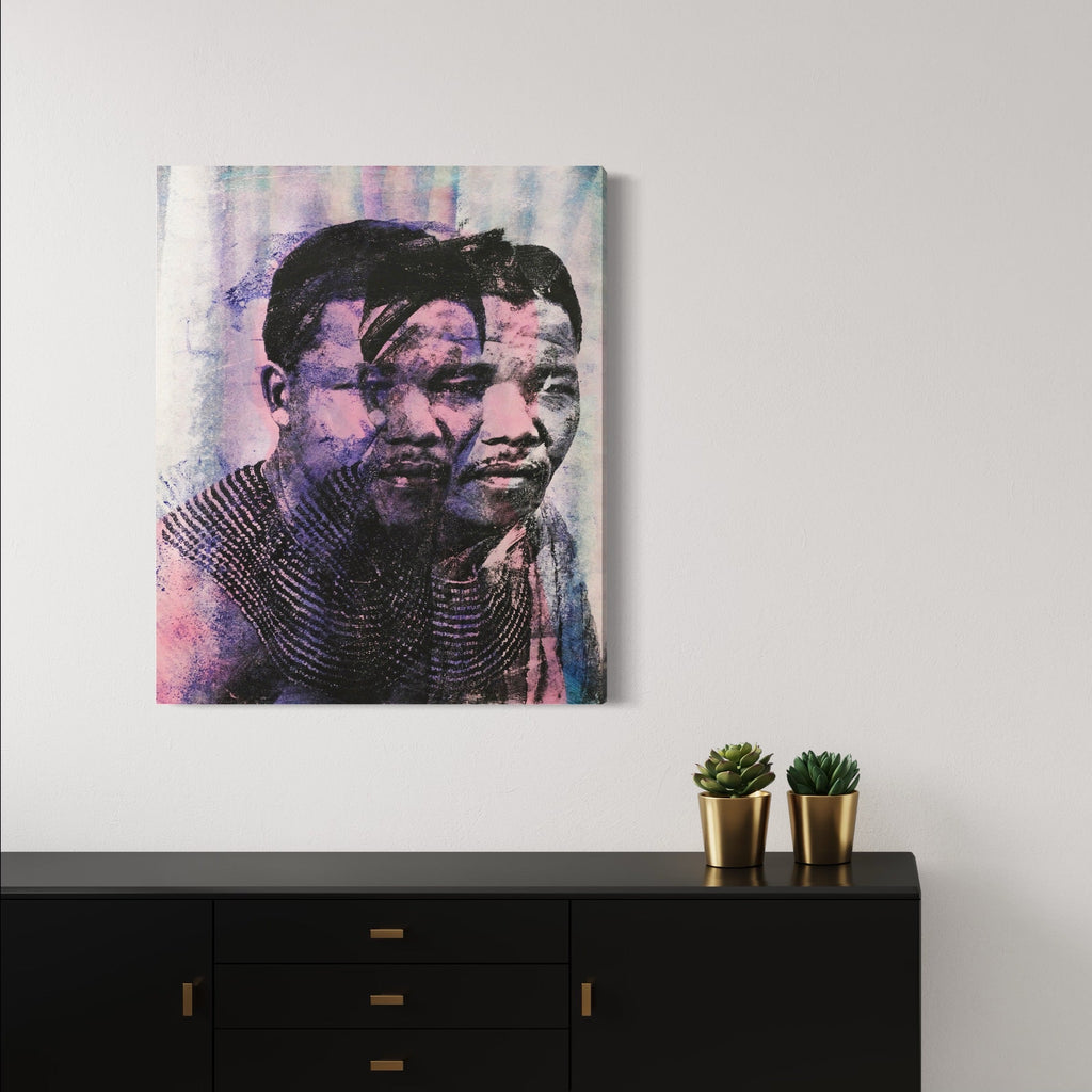 The artwork 'Perseverance Is The Way' features a layered, triple-exposure style portrait in vibrant watercolor-like effects, with shades of purple, pink, and blue creating a dreamy, abstract background. Hand-pulled silkscreen technique merges with spray paint and acrylic on canvas, creating a powerful artistic statement. By Rudy Meyer.