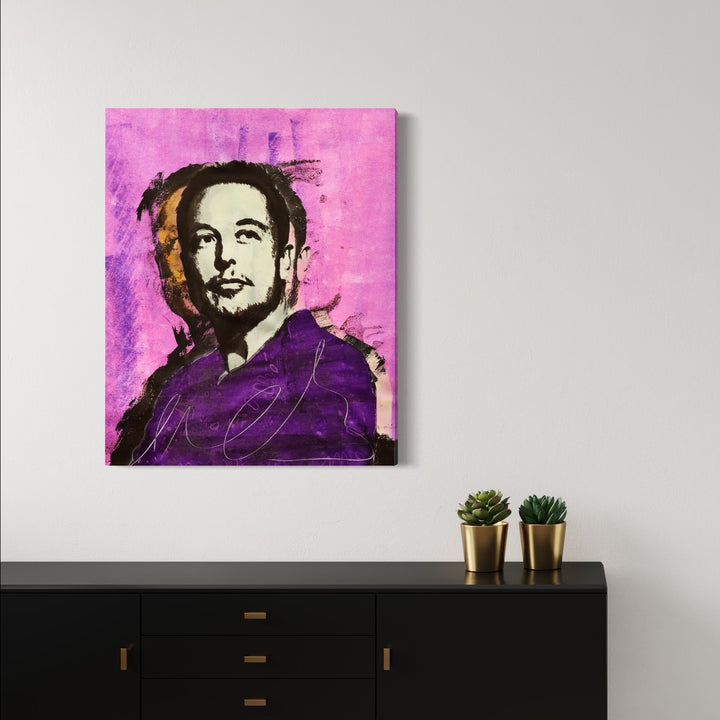 The artwork 'Entrepreneurship Is The Way' features a portrait against a vibrant pink and purple background, executed in expressive urban art style. Bold brushstrokes and spray paint techniques create dynamic contrast, while silkscreen printing adds textural depth. Deep purple tones dominate the figure, complemented by energetic splashes and drips. Created on canvas using mixed media techniques by Rudy Meyer.