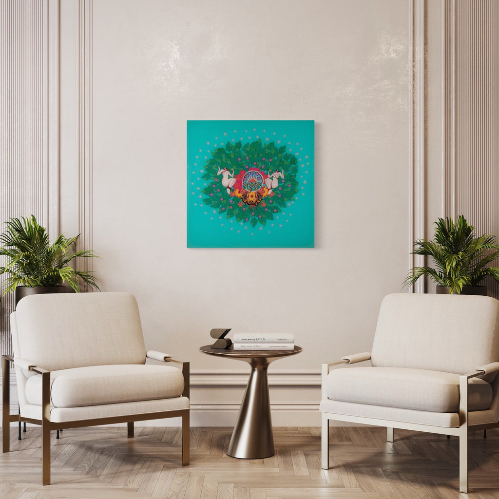 A photo of the artwork 2 of cups, by Chelsea Amato, hanging on a wall.