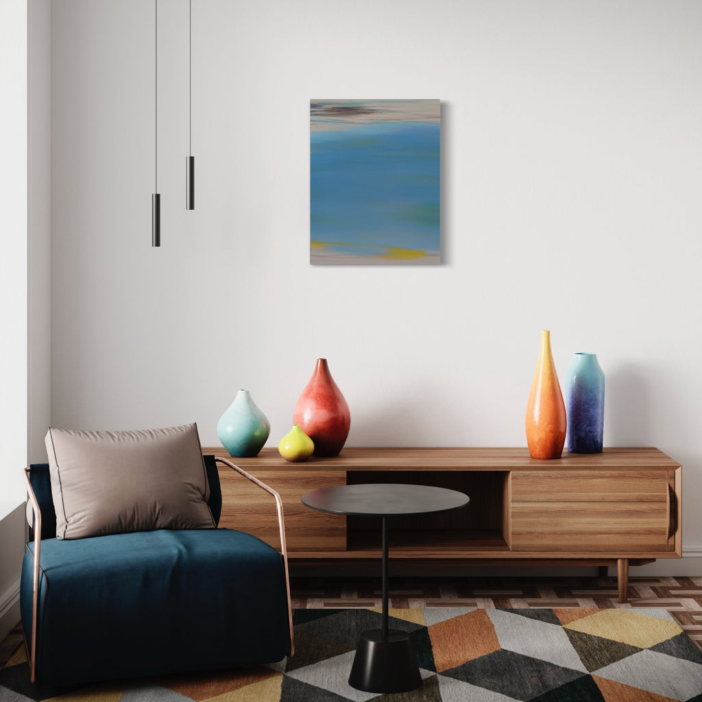 A photo of the artwork Waves #91, by Bob Melzmuf, hanging on a wall.