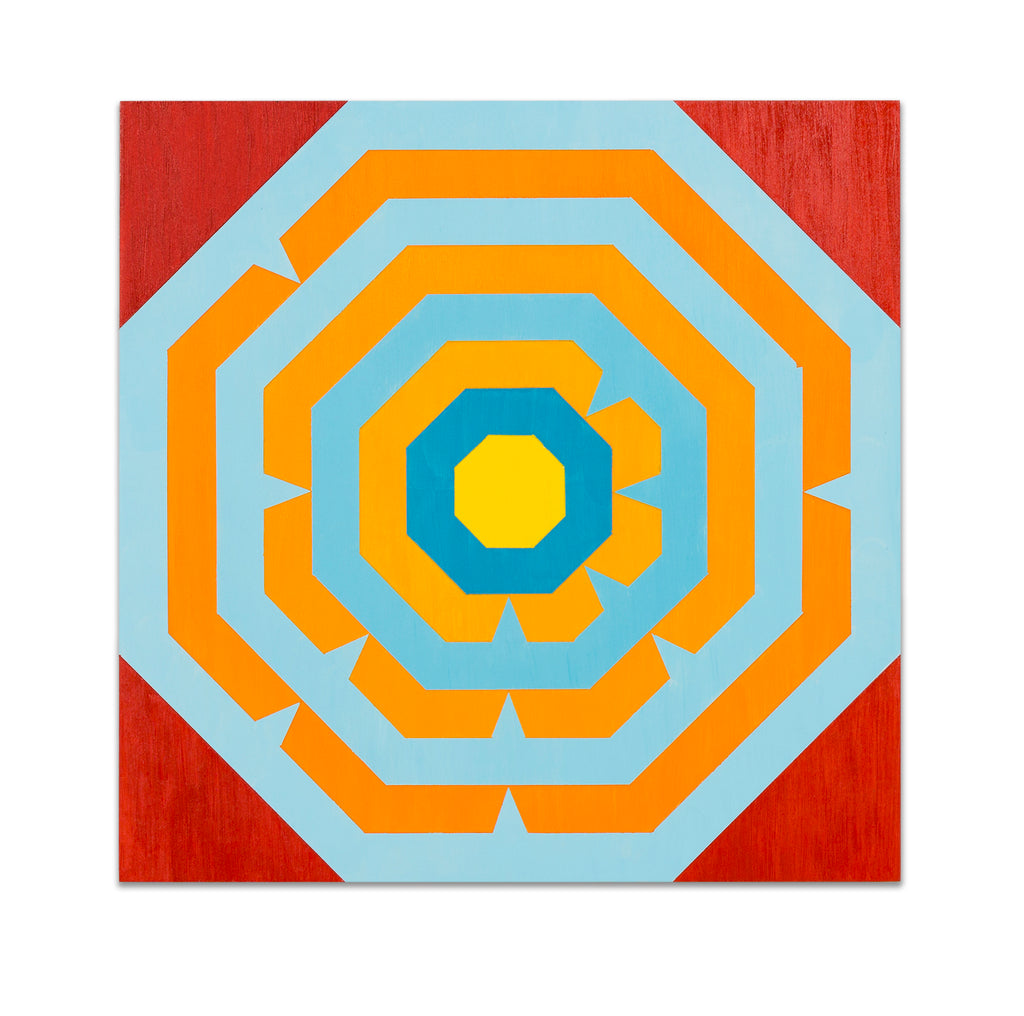 The artwork 'I Ching' by Amber Heaton features concentric octagonal shapes in vibrant orange, light blue, and yellow against a bold red background. The geometric pattern creates a mesmerizing tunnel-like effect, with each octagon perfectly nested within the larger ones. Created in acrylic on panel, this 12x12 inch contemporary abstract piece showcases precise lines and bold color blocking by Amber Heaton.