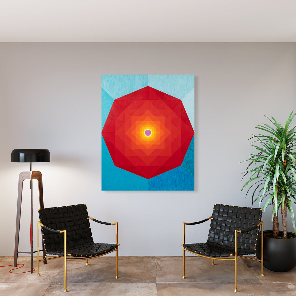 The artwork 'I Float Down, but Move Up' by Amber Heaton features a geometric octagonal design with concentric layers transitioning from bright red to warm orange, culminating in a brilliant yellow center. Set against a vibrant turquoise blue background, this abstract piece creates a striking visual contrast. The 60x48 inch acrylic painting on panel demonstrates precise geometric patterns with a modern, minimalist aesthetic.