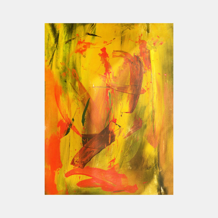 The artwork 'I Have a Dream' by Cavier Coleman features vibrant abstract expressionism with dynamic brushstrokes in yellow, orange, and olive green. Bold splashes of red accent the composition, creating an energetic movement across the canvas. The mixed media technique combines acrylic, oil, and pastel, resulting in varied textures and layered depth on a 40x30 inch canvas.
